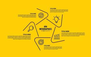 conception de modèle d'infographie de flux de travail d'entreprise avec 5 options, concept de visualisation de données de chronologie d'entreprise, conception d'icônes de ligne mince sur fond jaune vecteur