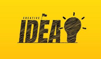 Idée gribouillis texte avec ampoule sur fond jaune, idées créatives dessinées à la main lettrage concept de typographie, citation de motivation vecteur