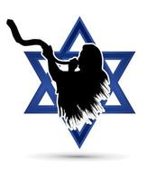 juif soufflant le shofar sur fond david star