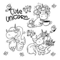 illustration ensemble de mignonne poney Licorne dans griffonnage main dessin style vecteur