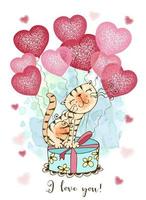 une carte de saint valentin. chat mignon avec des ballons en forme de coeurs et un cadeau. vecteur. vecteur