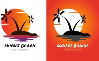 logo de plage au coucher du soleil avec île de cocotier vecteur