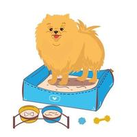 Chien chiot assis avec le bol de nourriture cadeau food.dog race spitz poméranien. le chien se tient à côté d'un bol de nourriture vecteur