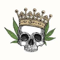 crâne humain avec couronne et cannabis, dessin à la main, illustration vectorielle vecteur