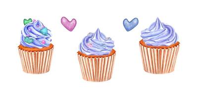 muffin décoré avec bleu fouetté crème. petit gâteau avec Meringue et sucré arrose. fruit cœur en forme de caramel. cuit gâteau dans papier emballage. aquarelle illustration pour emballer, menu vecteur