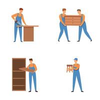 illustration ensemble montrant déménageurs emballage, porter meubles, et organiser étagères vecteur