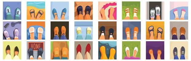 pieds selfie Icônes ensemble . une collection de dessin animé pieds dans divers modes et couleurs vecteur