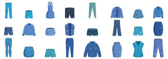 déchiré denim vêtements Icônes ensemble . une collection de bleu Vêtements articles, comprenant shorts, pantalon, et vestes vecteur