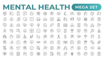 mental santé contour icône ensemble. contenant dépression, bipolaire, SSPT, panique et esprit désordre Icônes. psychologie solide symbole illustration. vecteur