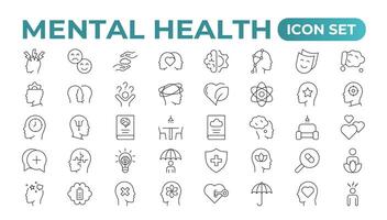 mental santé contour icône ensemble. contenant dépression, bipolaire, SSPT, panique et esprit désordre Icônes. psychologie solide symbole illustration. vecteur