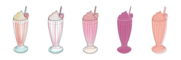 une ensemble de cinq illustré milkshakes, chaque surmonté avec fouetté crème et une fraise, sur une blanc Contexte. vecteur