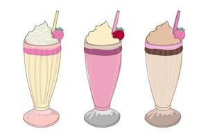 une dessiné à la main illustration de Trois Milk-shake des lunettes avec fouetté crème et des fraises. vecteur