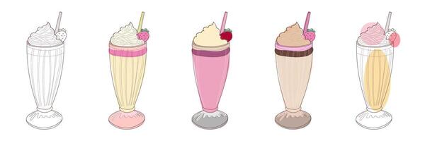 une ensemble de cinq illustré milkshakes, chaque avec fouetté crème et une fraise sur Haut. vecteur