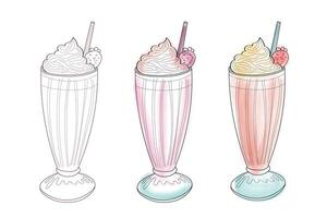 un illustration de Trois milkshakes, chaque avec fouetté crème et une fraise sur Haut. un Milk-shake est souligné, un est rose, et le autre est pêche. vecteur