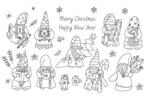 ensemble de gnomes de noël drôles avec des décorations. illustration dessinée à la main doodle vecteur