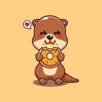 mignonne loutre en mangeant Donut dessin animé illustration. vecteur