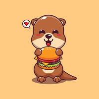 mignonne loutre avec Burger dessin animé illustration. vecteur