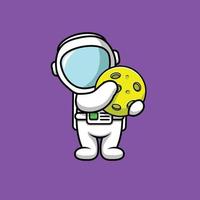 astronaute mignon tenant illustration d'icône de vecteur de dessin animé de lune