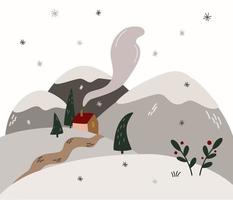 paysage d'hiver avec des montagnes. illustration vectorielle mignonne du paysage d'hiver de noël, nouvel an avec maison, montagnes et arbres. vecteur