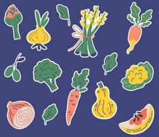 ensemble d'autocollants de légumes. carottes, artichaut, asperge, oignon, citrouille, brocoli, chou-fleur et feuillage. cuisson. nourriture saine. vecteur de dessin animé main dessiner illustration.