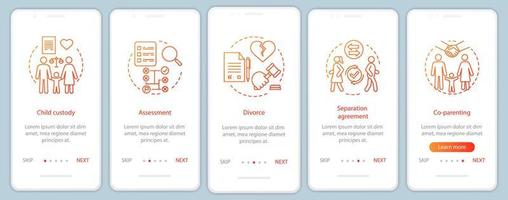 écran de page d'application mobile d'intégration de médiation avec concept linéaire. la garde des enfants, l'évaluation, le divorce, les instructions graphiques des étapes de la procédure de coparentalité. modèle vectoriel ux, ui, gui avec illustrations