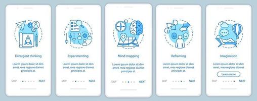 compétences des employés à bord du modèle vectoriel d'écran de page d'application mobile. qualités et capacités RH. la pensée créative. Procédure pas à pas du site Web avec des illustrations linéaires. interface smartphone ux, ui, gui