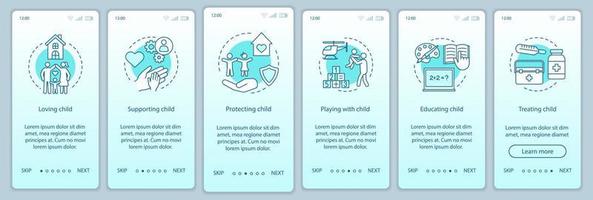 modèle vectoriel d'écran de page d'application mobile d'intégration des droits de l'enfant. aimer, soutenir, protéger, soigner. Procédure pas à pas du site Web avec des illustrations linéaires. concept d'interface de smartphone ux, ui, gui