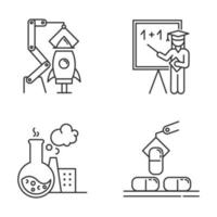 ensemble d'icônes linéaires de types d'industrie. production de biens, de services. secteurs de l'aérospatiale, de l'éducation, de la chimie, de la pharmacie. symboles de contour de ligne mince. illustrations de contour de vecteur isolé. trait modifiable