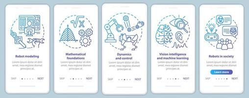 cours de robotique à bord du modèle vectoriel d'écran de page d'application mobile. étudier l'ingénierie robotique. Procédure pas à pas du site Web avec des illustrations linéaires. concept d'interface de smartphone ux, ui, gui