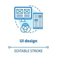 icône de concept de conception d'interface utilisateur. illustration de ligne mince d'idée de développement d'interface graphique de logiciel. concevoir des visuels créatifs d'applications mobiles. Générateur de site Web. dessin de contour isolé de vecteur. trait modifiable vecteur