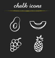 ensemble d'icônes de fruits. avocat coupé en deux, melon tranché, grappe de raisin, illustrations d'ananas. dessins vectoriels isolés au tableau vecteur