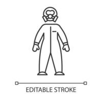 icône linéaire de combinaison de protection. industries chimiques. protection contre les risques biologiques. sécurité du travailleur. chimie organique. illustration de la ligne mince. symbole de contour. dessin de contour isolé de vecteur. trait modifiable vecteur