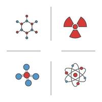 Ensemble d'icônes de couleur chimie et physique. signes atomiques, radioactifs et moléculaires. structure moléculaire et vecteur de rayonnement illustrations isolées