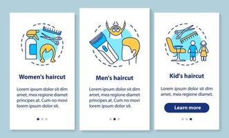 services de salon de coiffure intégrant l'écran de la page de l'application mobile avec des concepts linéaires. Instructions graphiques pour les étapes de la coupe de cheveux des femmes et des hommes. modèle vectoriel ux, ui, gui avec illustrations