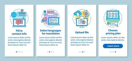 service de traduction intégrant l'écran de la page de l'application mobile avec des concepts linéaires. télécharger le fichier, le plan tarifaire, les informations de contact pas à pas les instructions graphiques. modèle vectoriel ux, ui, gui avec des icônes