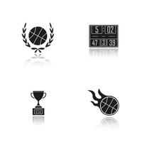 championnat de basket. ensemble d'icônes noires d'ombre portée. boule en couronne de laurier, tableau de bord, trophée d'or gagnant, boule en feu. illustrations vectorielles isolées vecteur