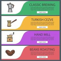 ensemble de modèles de bannière de café. moulin à main, pot de moka, grains de café, cezve turc. éléments de menu du site Web. bannière web couleur. concepts de conception d'en-têtes de vecteur