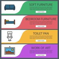ensemble de modèles de bannière de meubles. canapé, toilettes, lit, tableau mural. éléments de menu du site Web. bannière web couleur. concepts de conception d'en-têtes de vecteur