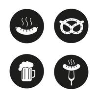 Ensemble d'icônes de collations à la bière. saucisse fumante sur fourchette, bratwurst, brezel, verre à bière mousseux. illustrations vectorielles de silhouettes blanches dans des cercles noirs vecteur