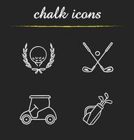 jeu d'icônes de craie de championnat de golf. boule en couronne de laurier, massues croisées, chariot et sac. illustrations de tableau de vecteur isolé