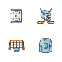 Jeu d'icônes de couleur de hockey. bâtons et casque, patinoire, chemise, rondelle dans les portes. illustrations vectorielles isolées vecteur