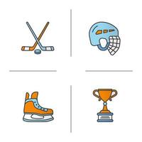 Ensemble d'icônes de couleur d'équipement de hockey. casque, patin à glace, bâtons, prix du gagnant. illustrations vectorielles isolées vecteur