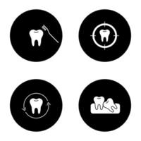 ensemble d'icônes de glyphe de dentisterie. stomatologie. brossage des dents, viser la dent, restauration dentaire, dents tordues. illustrations vectorielles de silhouettes blanches dans des cercles noirs vecteur