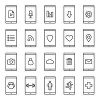 Ensemble d'icônes linéaires d'applications pour smartphones. utilisateurs de smartphones, paramètres, gps, sms, cloud computing, fichier multimédia, corbeille, applications médicales et sportives. symboles de contour de ligne mince. illustrations vectorielles isolées vecteur