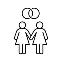 icône linéaire de mariage lesbien. illustration de la ligne mince. deux femmes avec des alliances entrelacées au-dessus. symbole de contour. dessin de contour isolé de vecteur