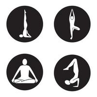 Ensemble d'icônes d'asanas de yoga. positions de yoga sarvangasana, vrikshasana, siddhasana, vrishchikasana. illustrations vectorielles de silhouettes blanches dans des cercles noirs vecteur