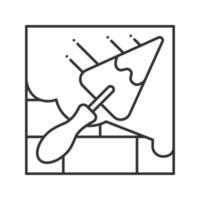 mur de briques avec icône linéaire de pelle triangulaire. couteau à mastic, spatule. illustration de la ligne mince. solution de ciment. symbole de contour. dessin de contour isolé de vecteur