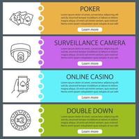 ensemble de modèles de bannière web de casino. double mise, casino en ligne, caméra de surveillance, jeu de poker. éléments de menu de couleur de site Web avec des icônes linéaires. concepts de conception d'en-têtes de vecteur