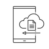 icône linéaire de stockage cloud smartphone. téléchargement de fichiers. illustration de la ligne mince. l'informatique en nuage mobile. symbole de contour. dessin de contour isolé de vecteur