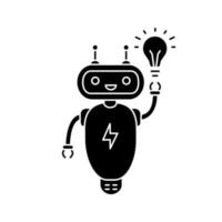 nouvelle icône de glyphe de chatbot idée. symbole de silhouette. talkbot avec ampoule. assistant virtuel. robot moderne. bot de chat d'assistance en ligne. espace négatif. illustration vectorielle isolée vecteur